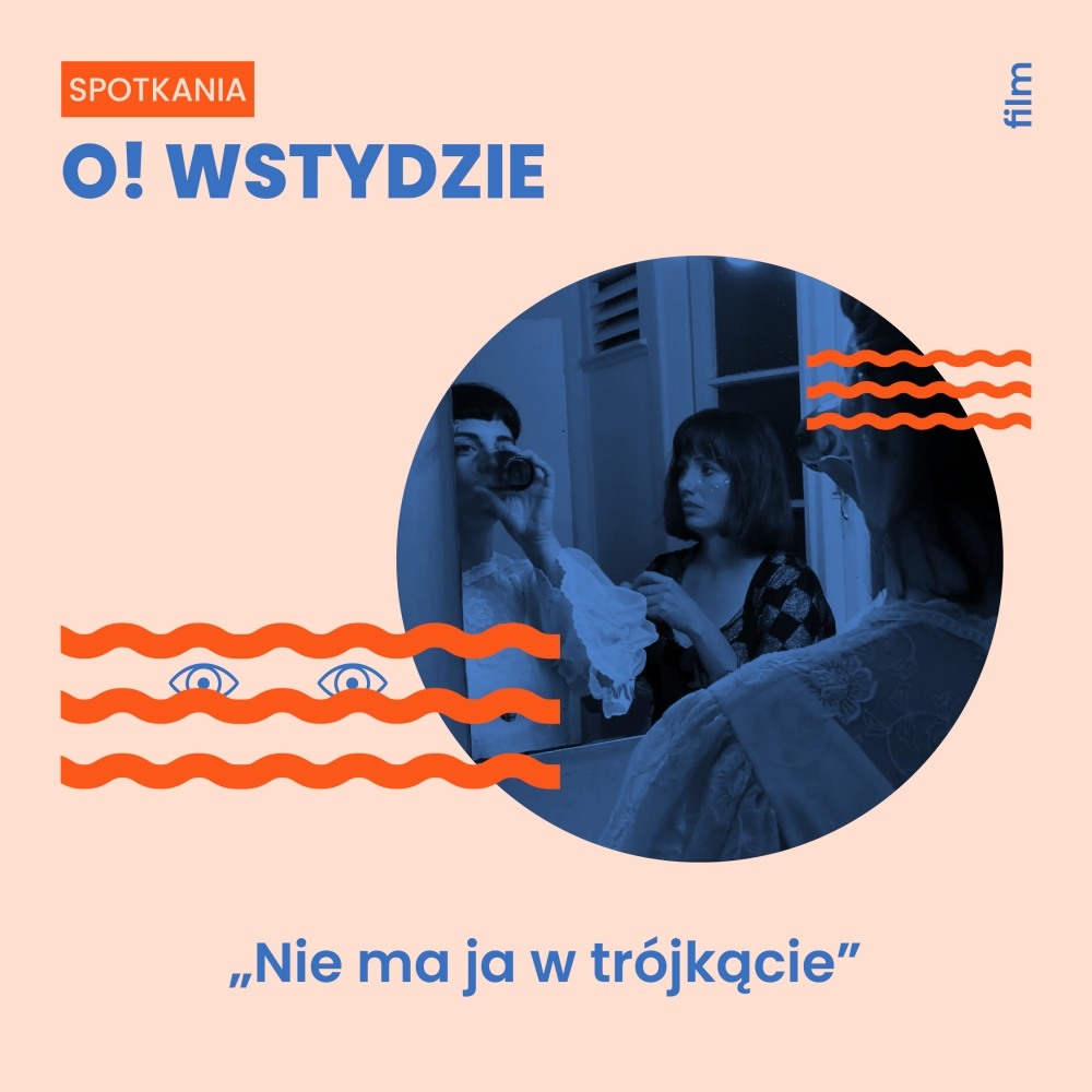 grafika, w kole kadr z filmu - dwie kobiety odbijające się w lutrze, młode. jedna pije coś ze szklanki.