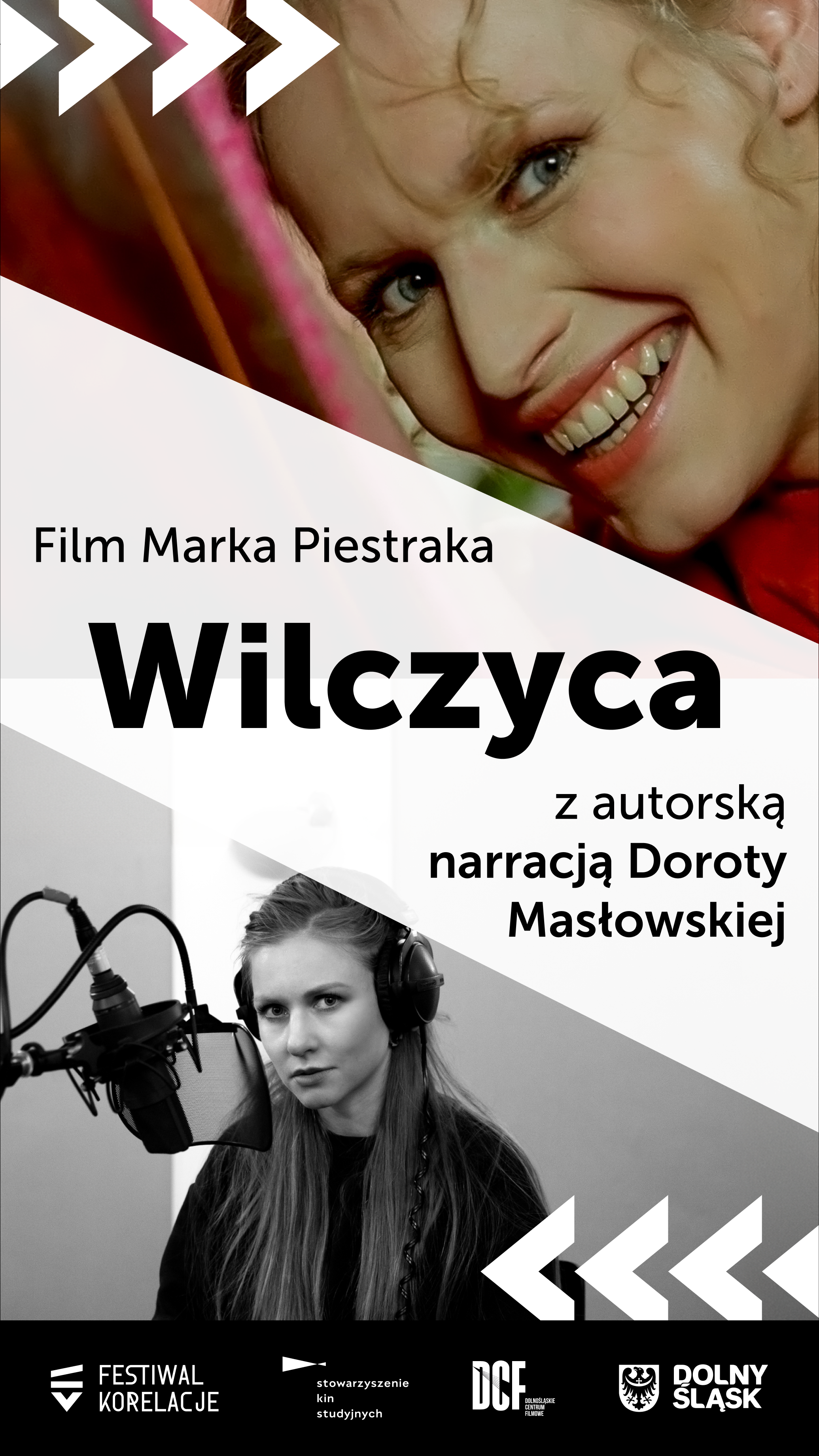 plakat - czarno-białe zdjęcie kobiety z długimi jasnymi włosami przy mikrofonie studyjnym, w słuchawkach na uszach. blondynka w czerwonej sukni, uśmiechająca się szeroko, patrzy w obiektyw.