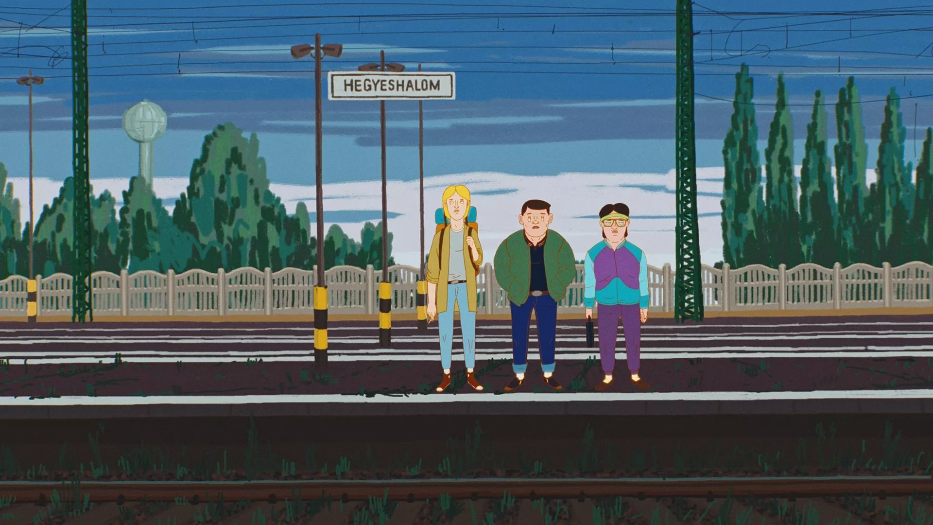 peron kolejowy, na nim 3 chłopaków. Kadr z filmu animowanego