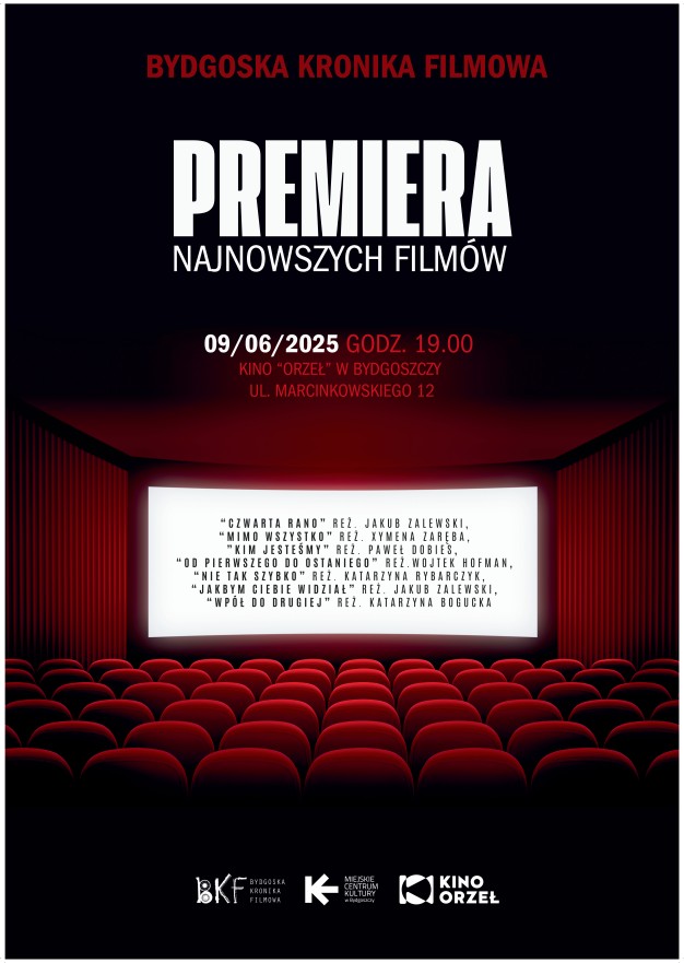 plakat. czerwone siedzenia na widowni kinowej. na ekranie na białym tle tytuły filmów.