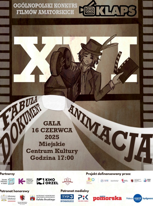 Plakat promujący XIII Ogólnopolski Konkurs Filmów Amatorskich KLAPS. Na grafice postać w cylindrze, w kamerą i klapsem filmowym.
