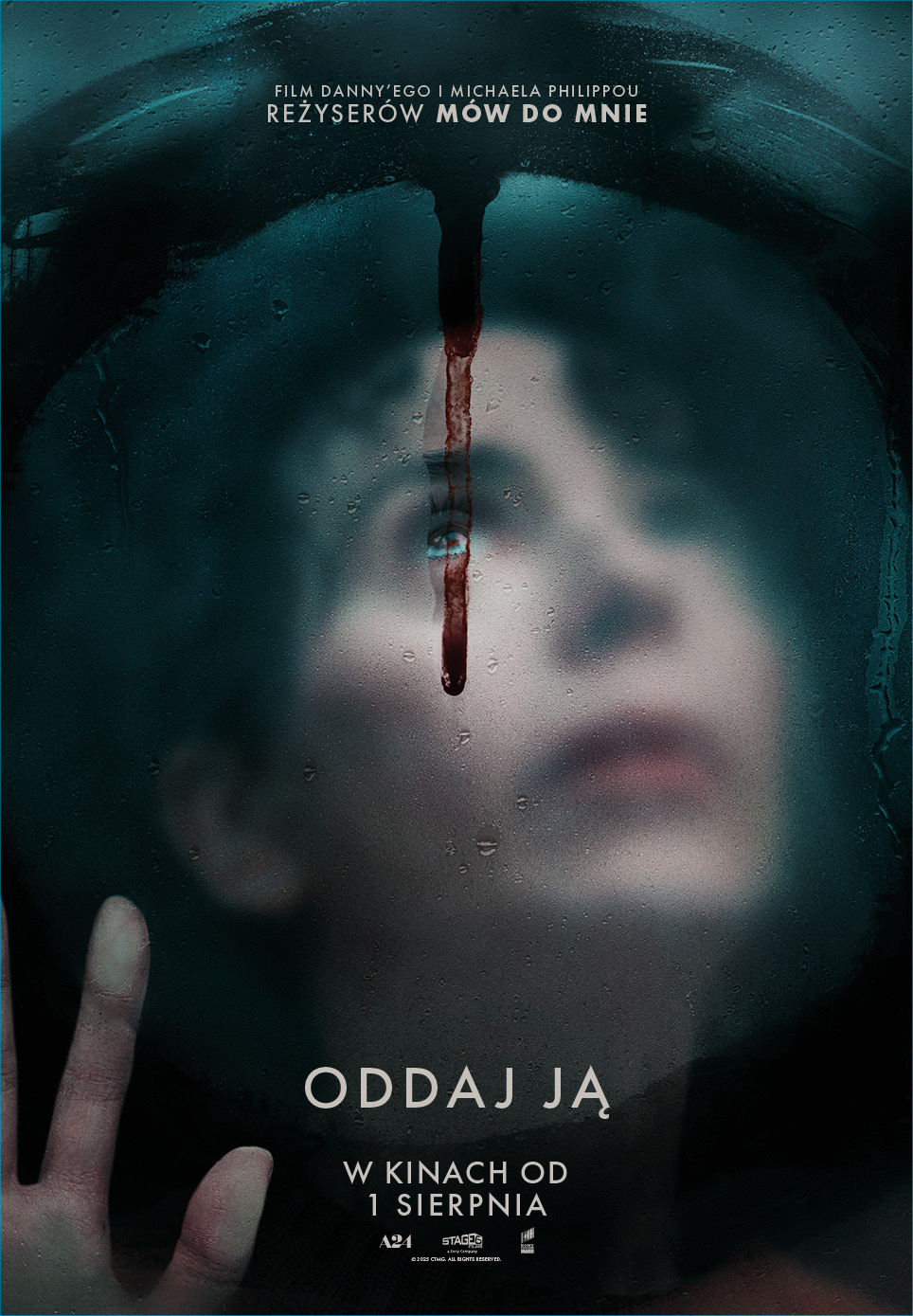 plakat. portret - twarz widoczna przez szybę, po której spływa coś czerwonego.