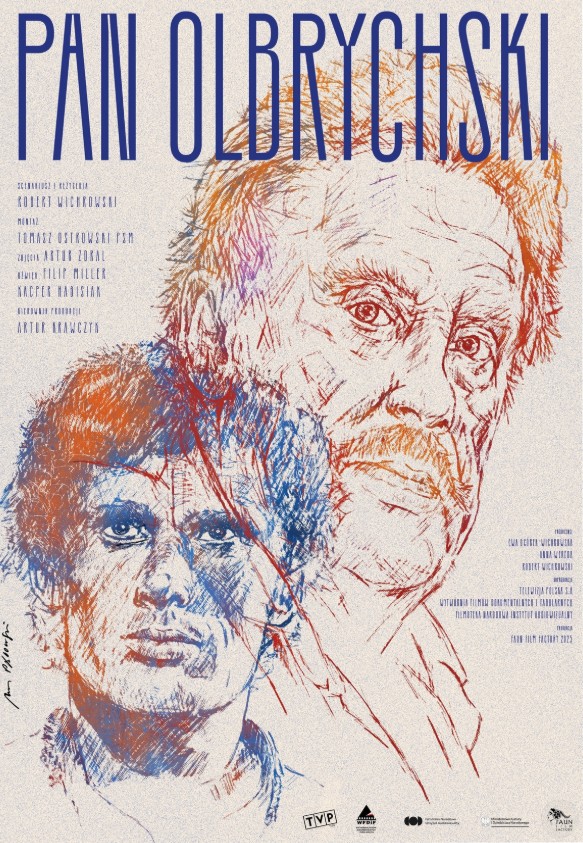 plakat - dwa przenikające się portrety, rysunki w kolorze - przedstawiające Daniela Olbrychskiego