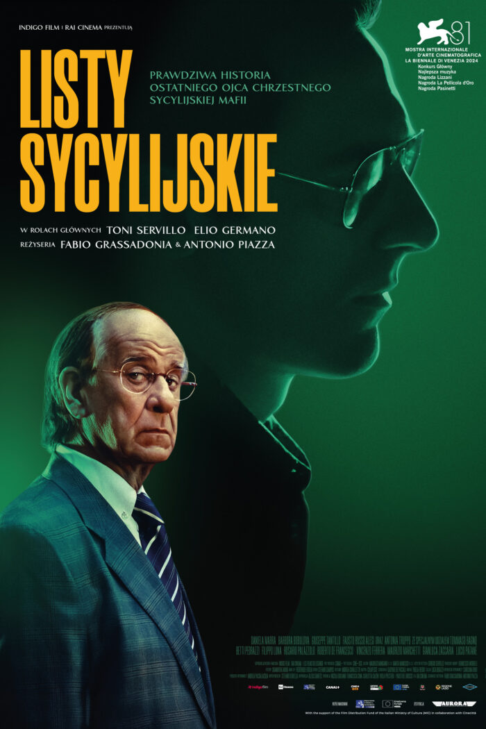 plakat. na tle zielonkawego portretu młodego mężczyzny w okulrach, starszy mężczyzna w garniturze, siwiejący, patrzy w stronę widza.