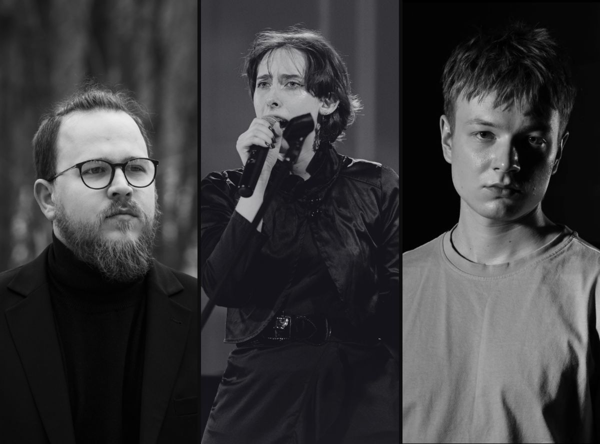 czarno-białe 3 zdjęcia- mężczyzna w czerni, w okularach, z brodą, kobieta w czarnym płaszczu, z mikrofonem, młody mężczyzna w szarym t-shircie.