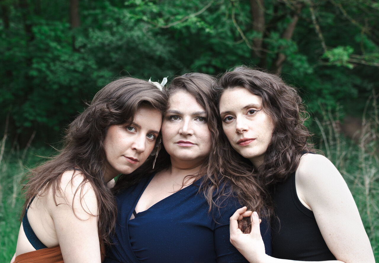 The photo shows three instruments held by three people. A bass, a drum, and a violin.