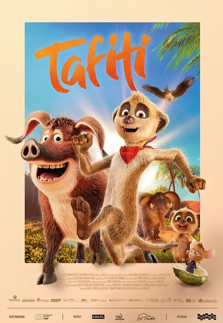 plakat: pędzący dzik, surykatka i inne zwierzęta - bohaterowie animacji