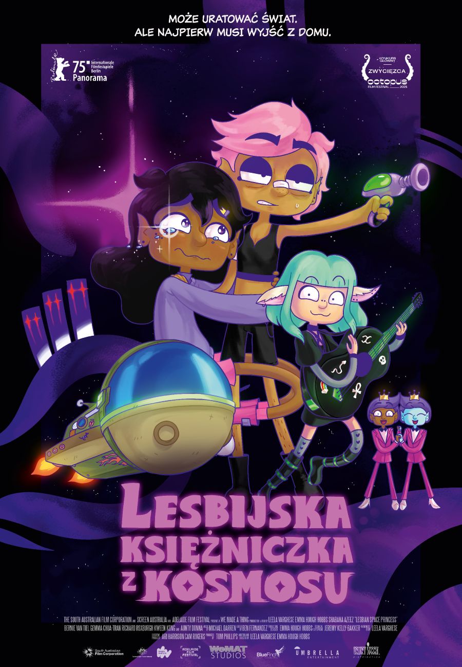 plakat promujący film animowany. trzy dziewczyny z kolorowymi włosami, statek kosmiczny. w tle dwie inne postaci. tło jest ciemne, lekko rozświetlone.