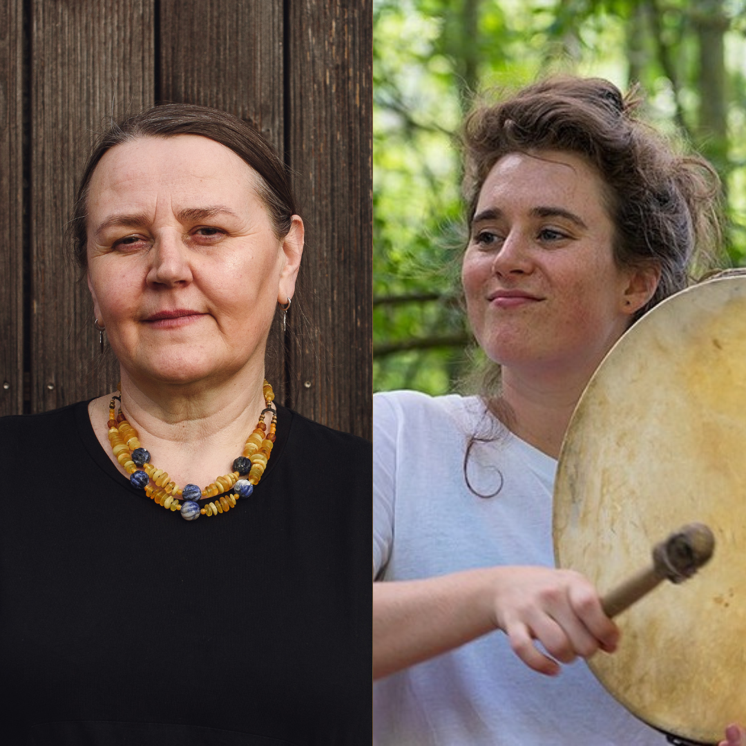 Na dwóch połączonych Zdjęciach widać ,l twarze dwóch kobiet. Kobieta po prawej gra na bębnie obręczowym