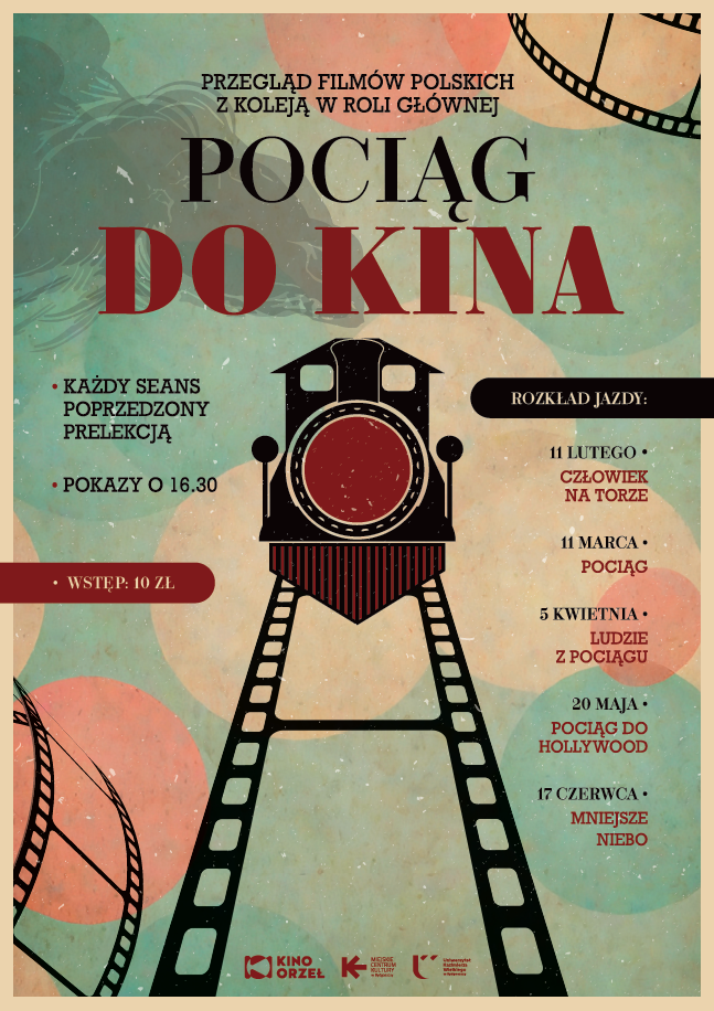 grafika przedstawiająca pociąg - zamiast torów jest taśma filmowa.
