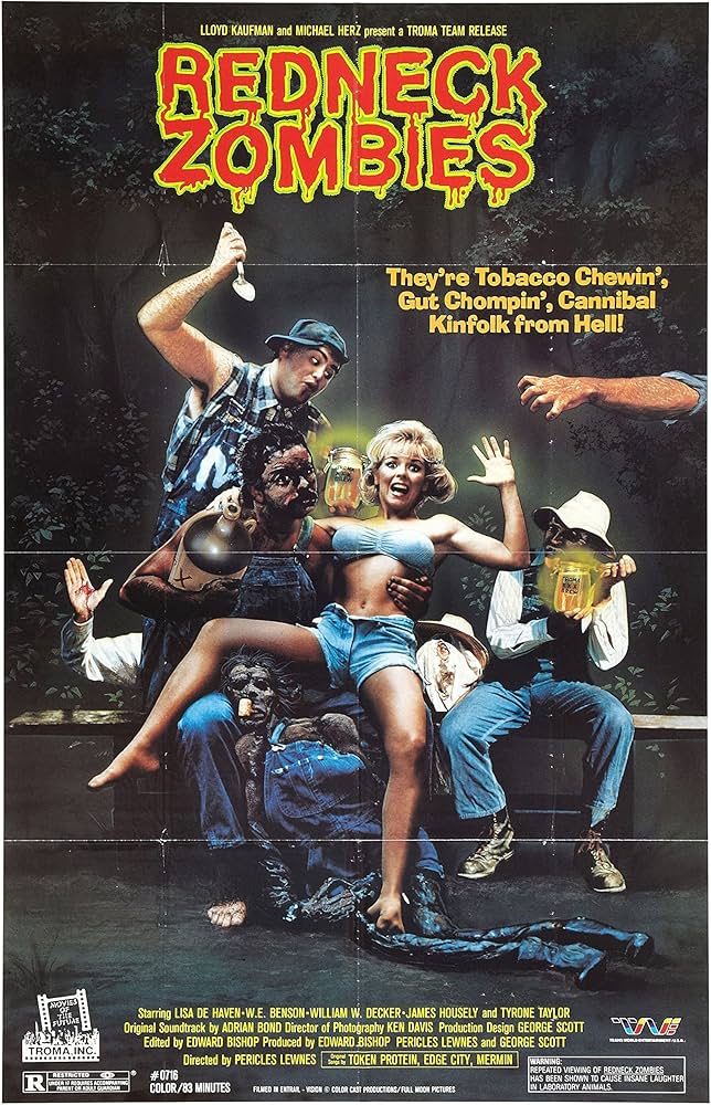 Plakat filmu Redneck Zombies: grupa groteskowych zombie–wieśniaków otacza przerażoną kobietę; styl pulp-horroru z lat 80.