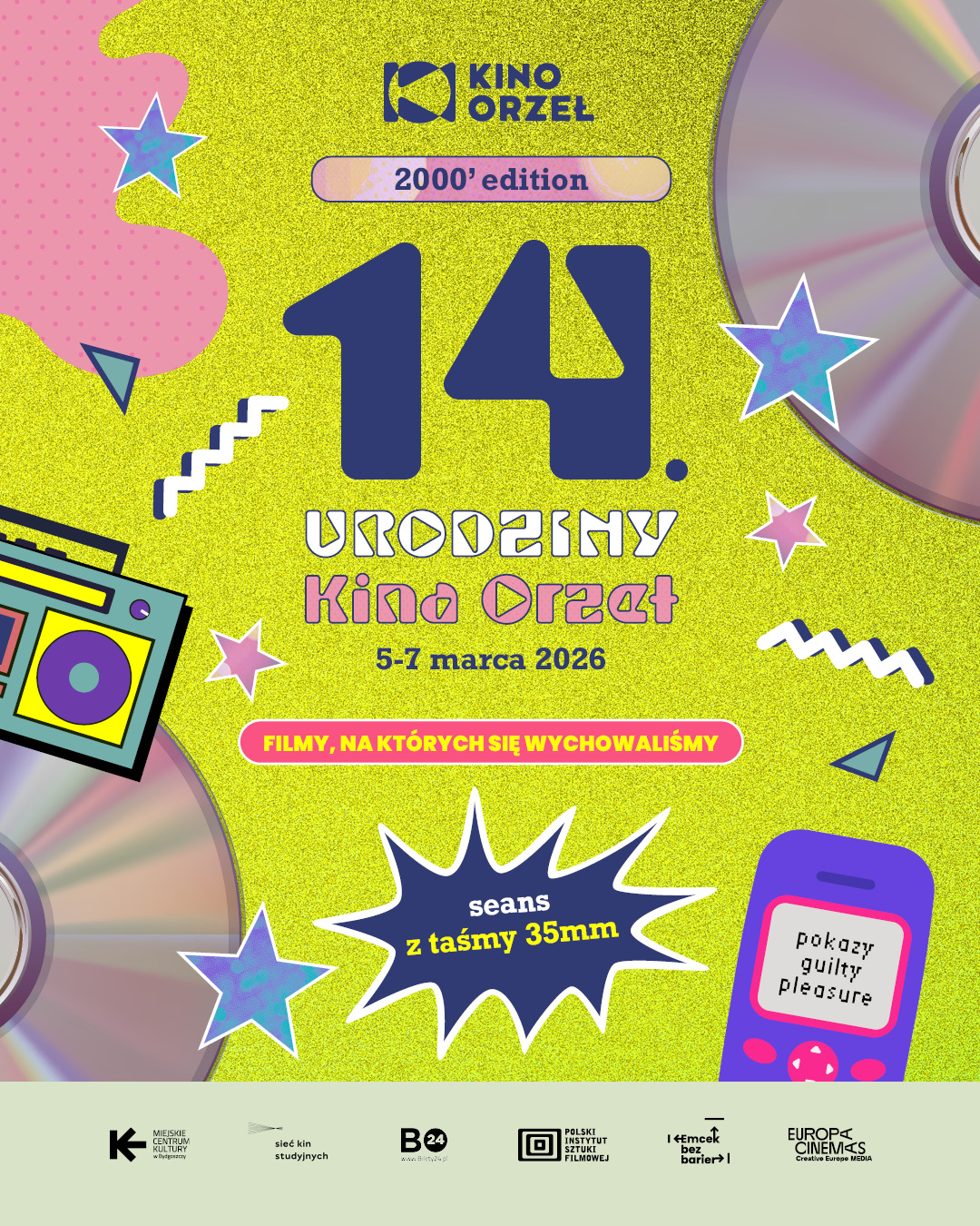 grafika promująca urodziny kina - na jasnozielonym tle telefon komórkowy starego typu, płyty dvd