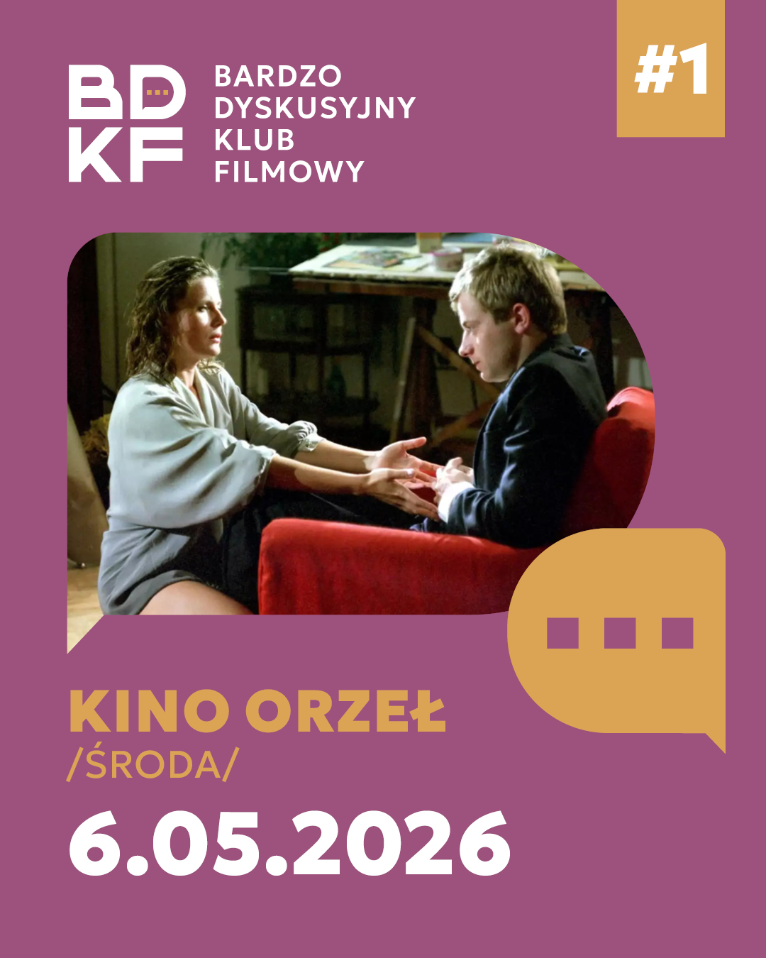 grafika promująca film - w różowej ramce kadr z filmu: młody mężczyzna w czerwonym fotelu, dojrzała kobieta trzyma go za ręce