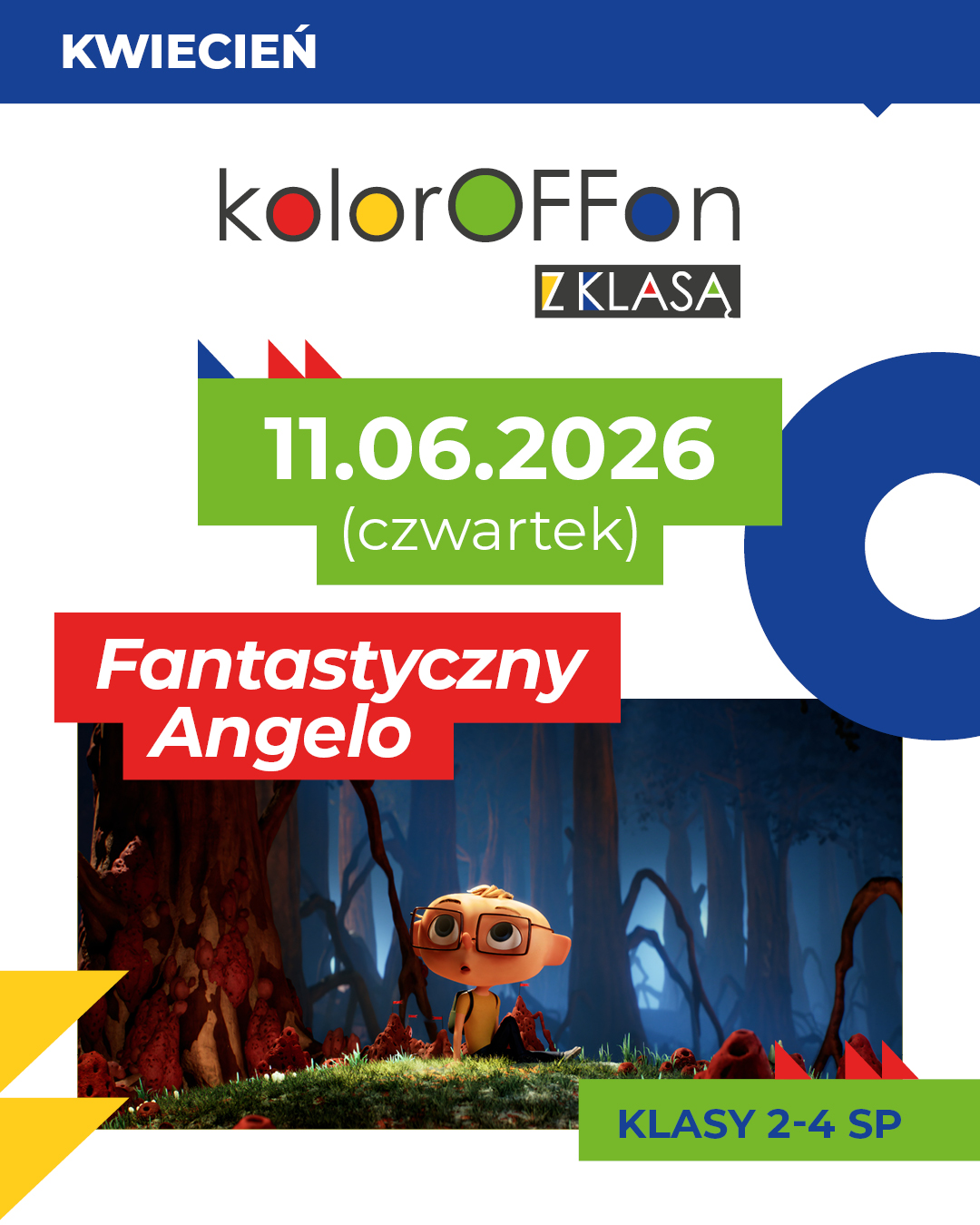 kadr z animacji. chłopiec w okularach, z otwartymi ze zdziwienia ustami, w ciemnym lesie, siedzi na trawie.