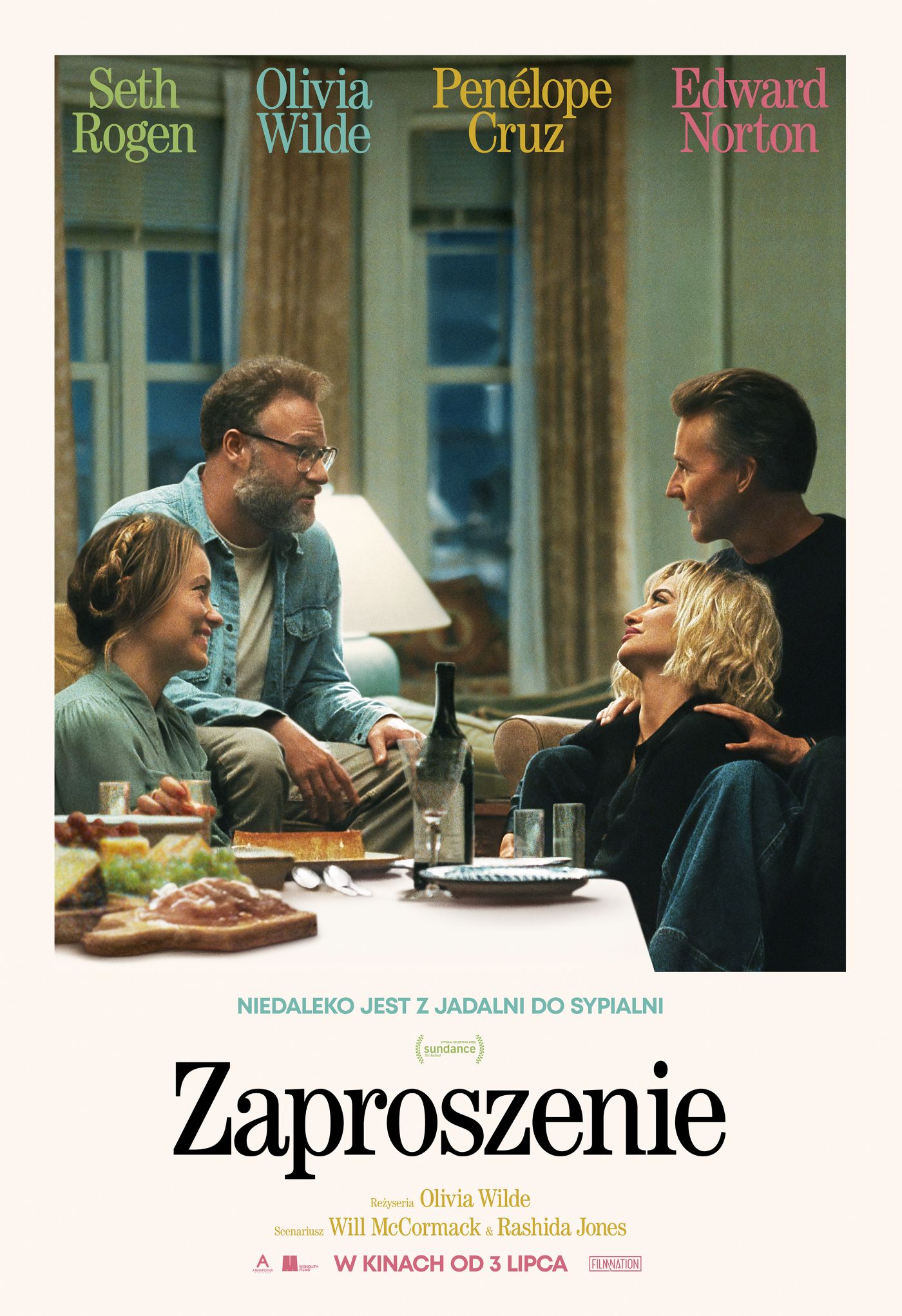 plakat. przy stole rozmawiają dwie pary - dojrzały mężczyzna w okularach, z brodą, kobieta z warkoczem oplatającym głowę, młodsi blondynka i mężczyzna trzymający jej rękę na ramieniu.