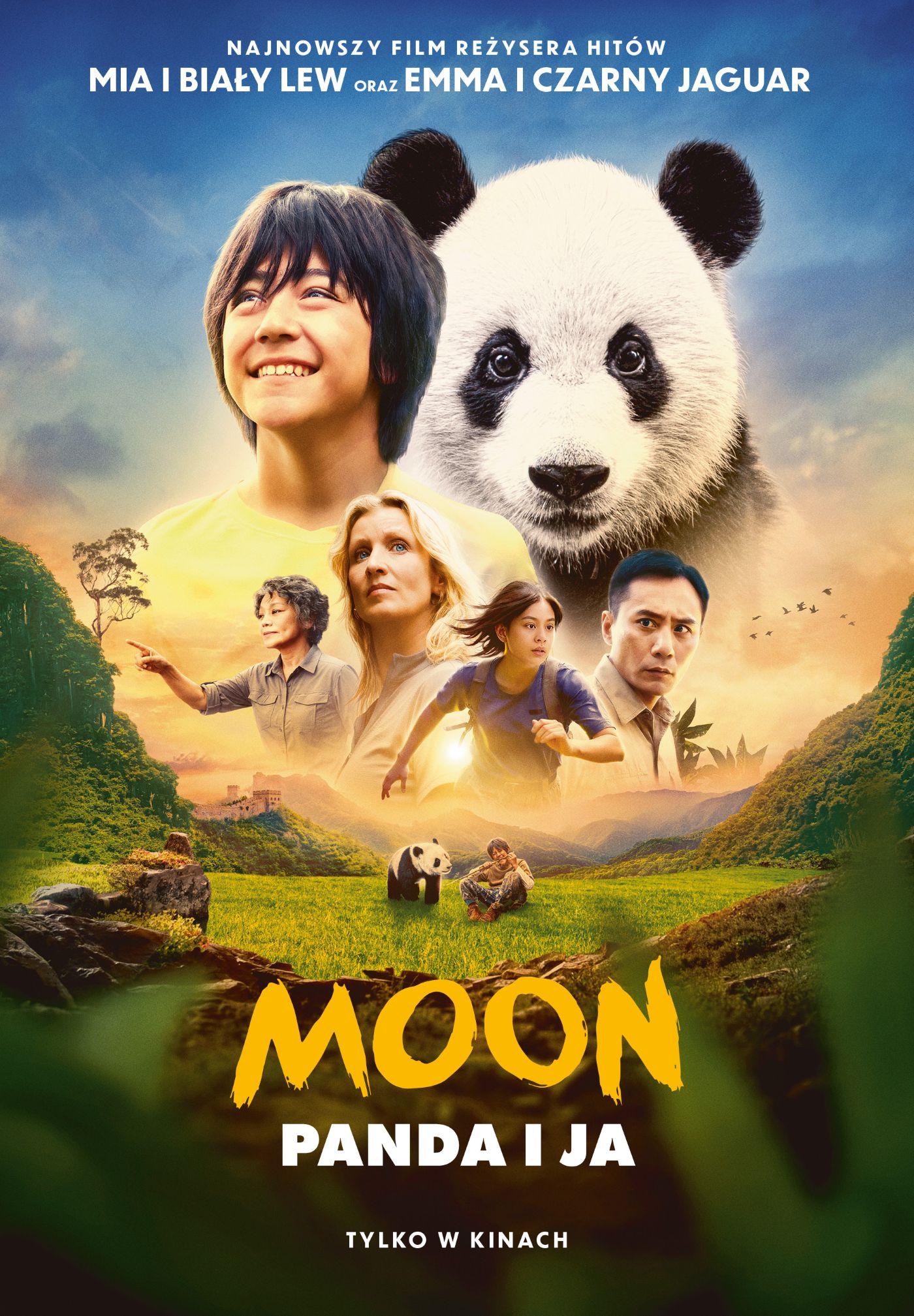 plakat. na tle pleneru panda, uśmiechnięty chłopiec o azjatyckich rysach, 4 inne postacie z filmu