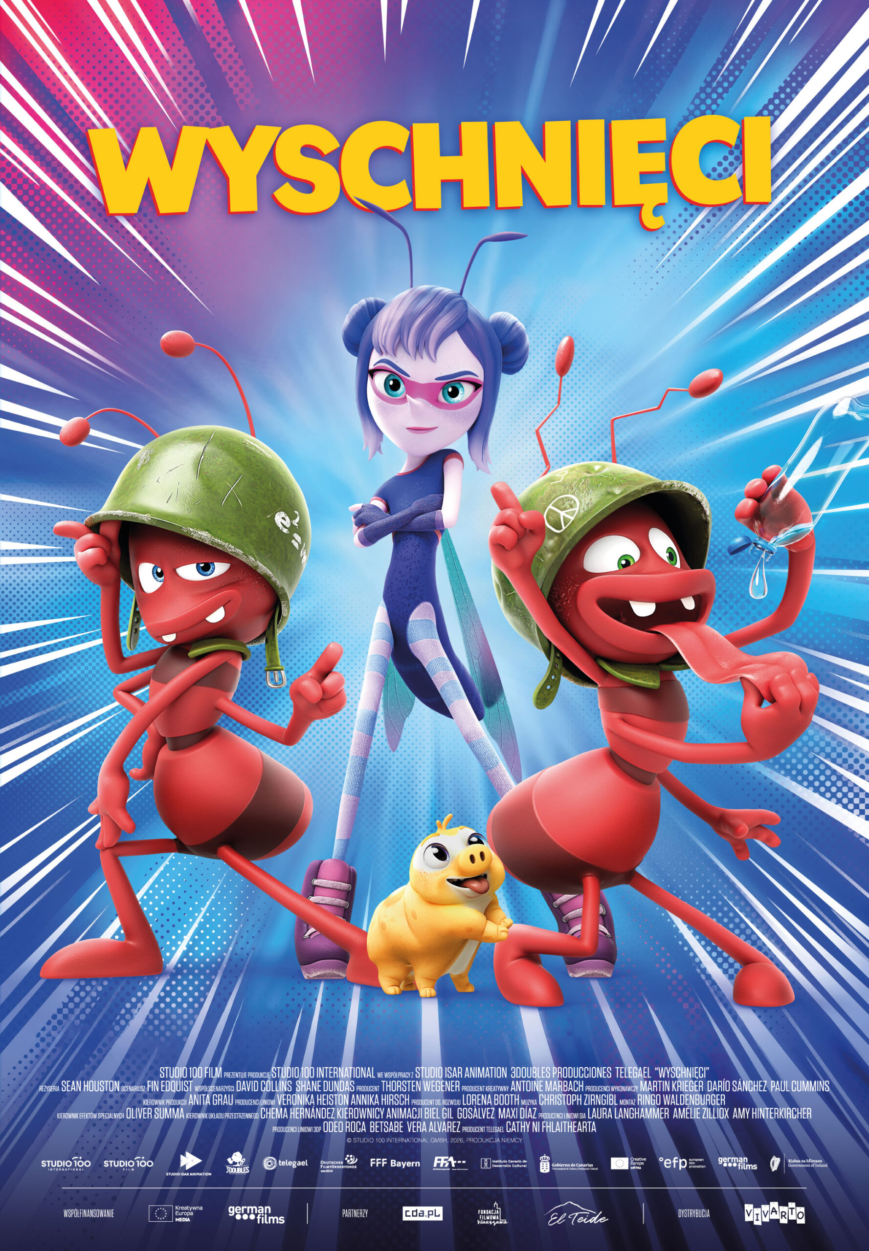 dwie mrówki w hełmach na pierwszym planie, między nimi mały żółty owad, a za nimi owadzia dziewczyna z niebieskimi włosami. plakat filmu animowanego.