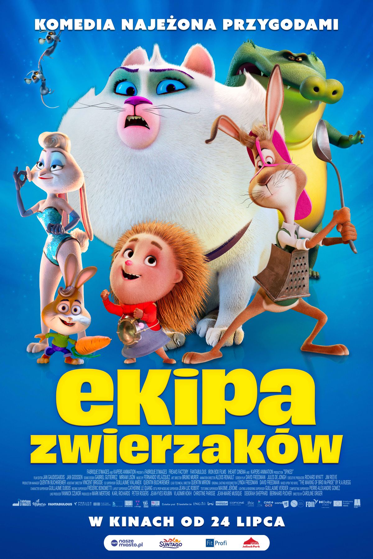 plakat filmu animowanego. na niebieskim tle zwierzaki - jeż, duży biały kot, lis, krokodyl i inne, stoją w ekspresyjnych pozach