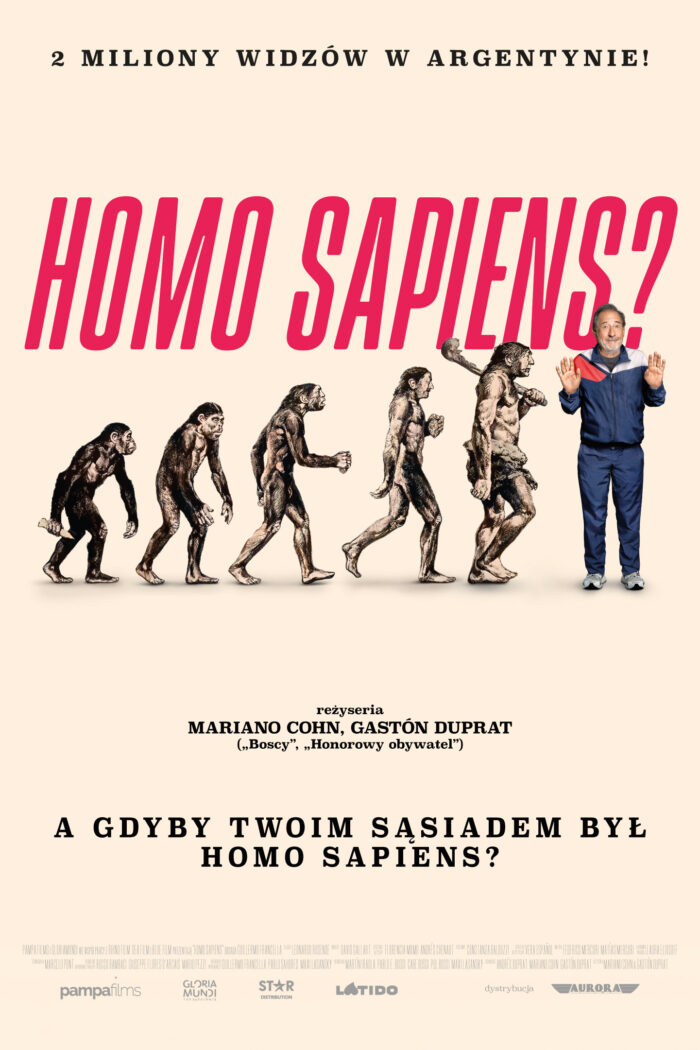 grafika przedstawiająca ewolucję człowieka - w rzędzie od małpy po postać człowieka. Na ostatniej pozycji aktor - bohater filmu.