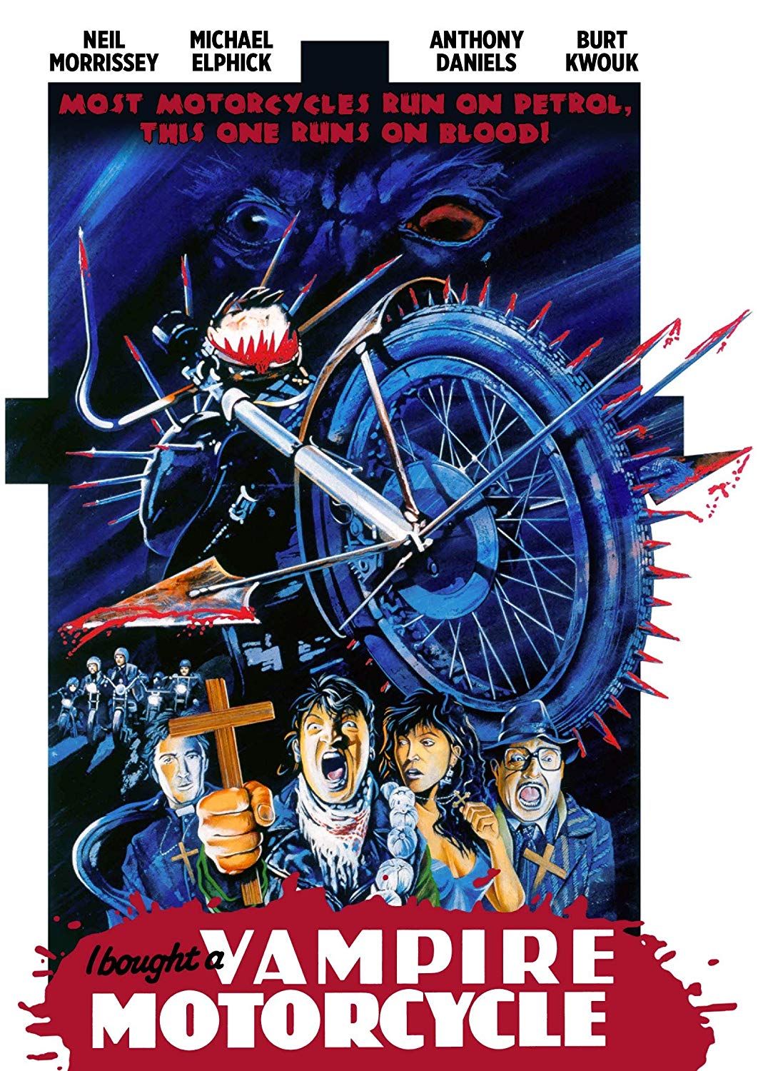 ekspresyjny plakat z motorem, krwią i przestraszonymi postaciami