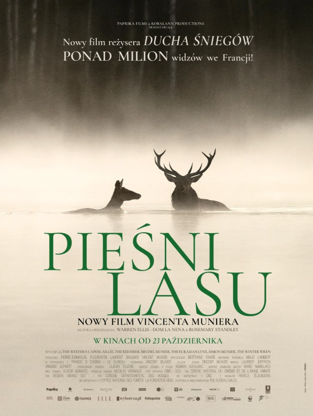 plakat. we mgle widoczne sylwetki jelenia i łani