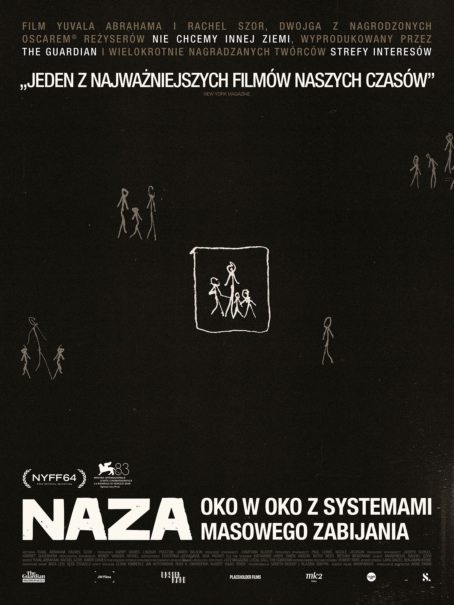 plakat. na czarnym tle małe rysunki białą kreską, przedstawiające uproszczone sylwetki ludzi