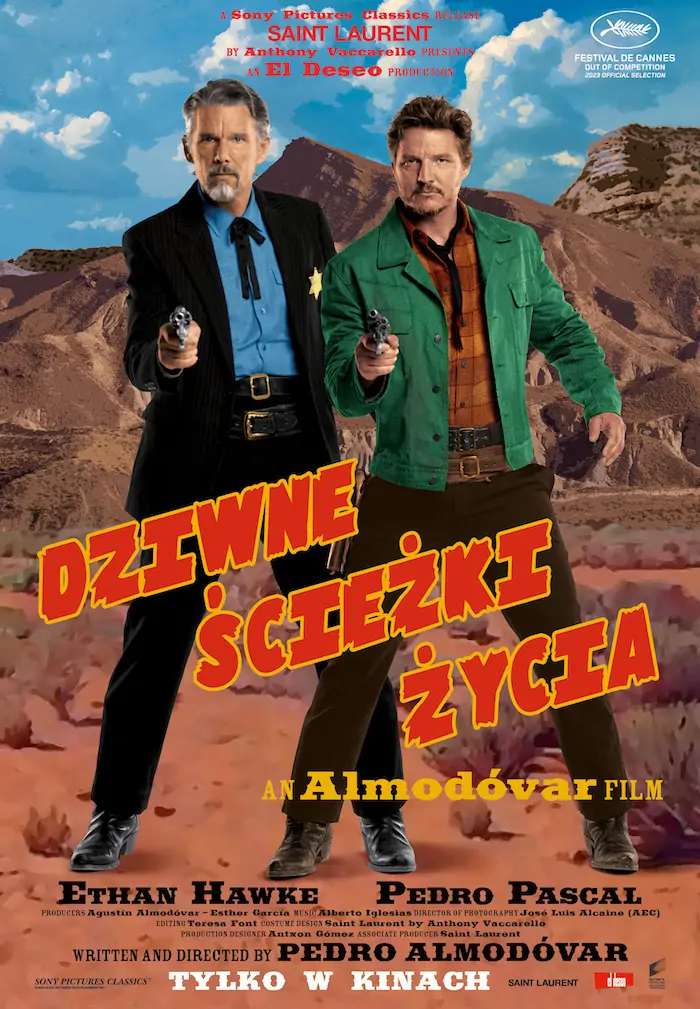 Plakat. Dwóch mężczyzn na tle skalistego krajobrazu. Jeden z garniturze i niebieskiej koszuli, drugi w zielonej kurtce, kraciastej brązowej koszuli, brązowych spodniach. Celują w stronę widza z pistoletów.