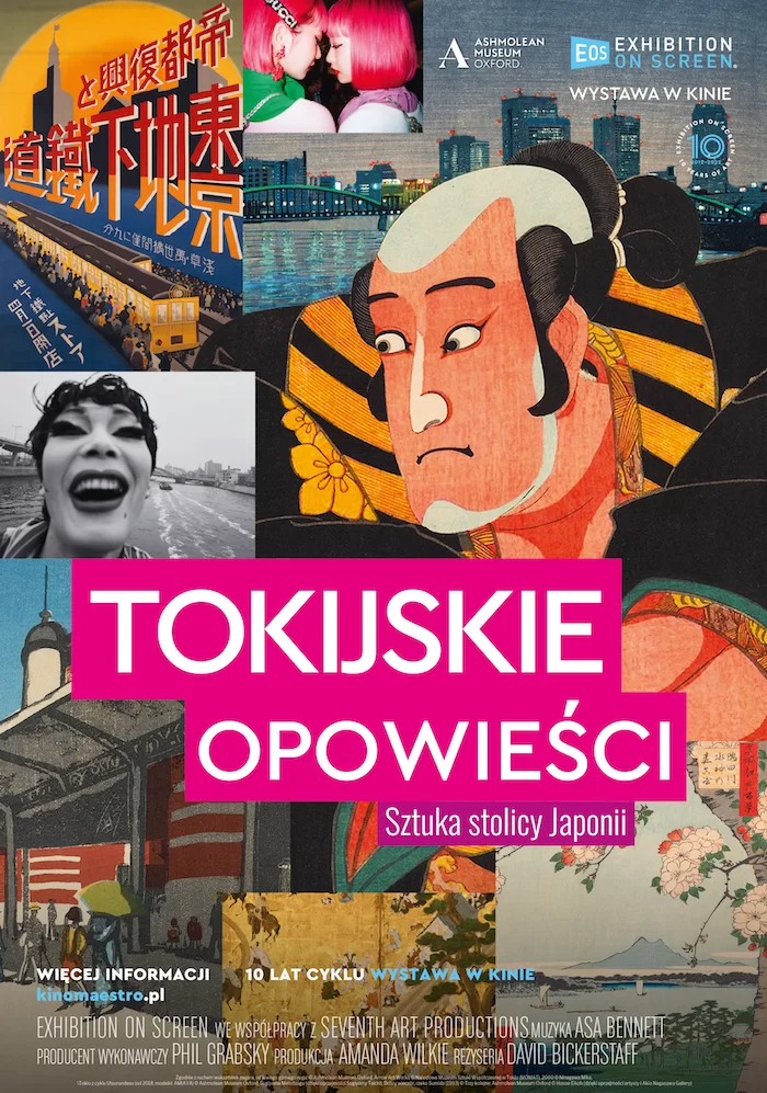 Plakat promujący film "Tokijskie opowieści. Sztuka stolicy Japonii". Kolaż wielu kadrów i zdjęć obrazów.