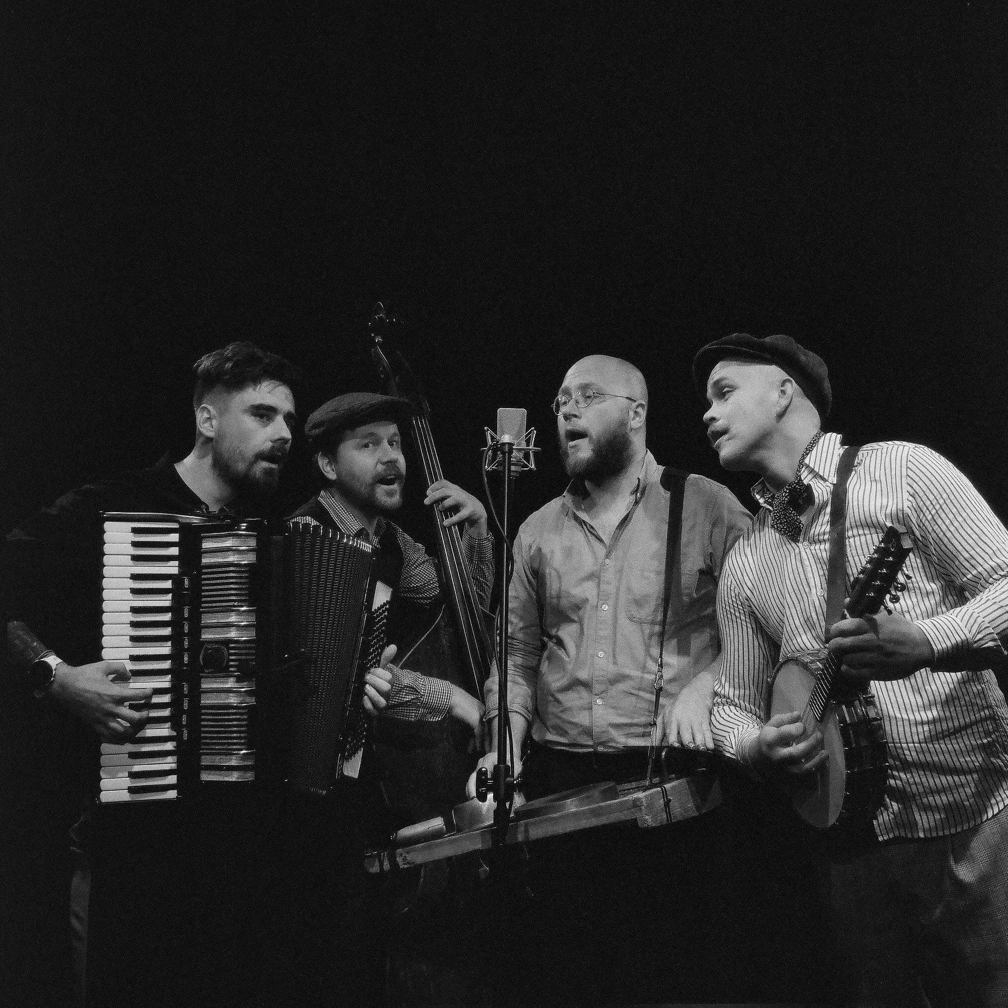 The photo shows four men singing into a centrally placed microphone in the middle of a dark room. From the left, the first of them holds an accordion, the second a double bass, the third plays the grater, the fourth the mandolin.