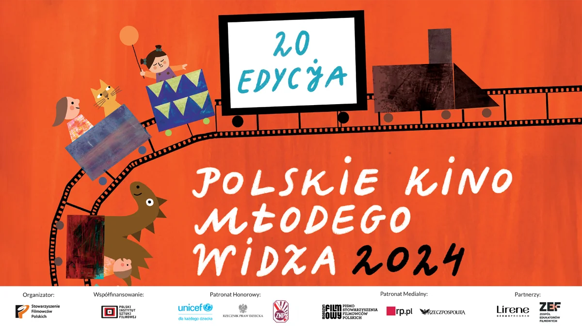 plansza promująca program polskie kino młodego widza. kolejna z postaciami na torach.