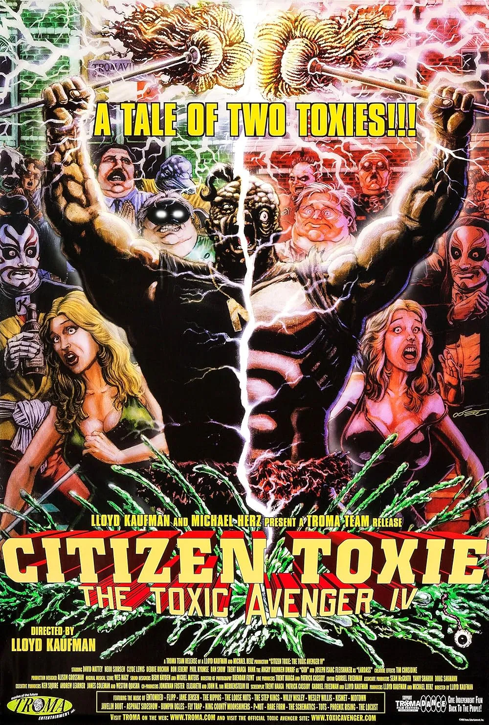 Kolorowy, komiksowy plakat ukazujący dwóch umięśnionych, zmutowanych bohaterów (Toxie i jego złowrogiego sobowtóra), trzymających mopy i dzielonych błyskawicą. W tle galeria groteskowych postaci. Hasło: „A Tale of Two Toxies!!!”.