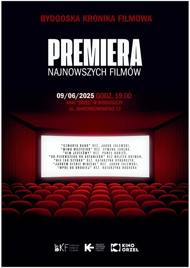plakat. czerwone siedzenia na widowni kinowej. na ekranie na białym tle tytuły filmów.
