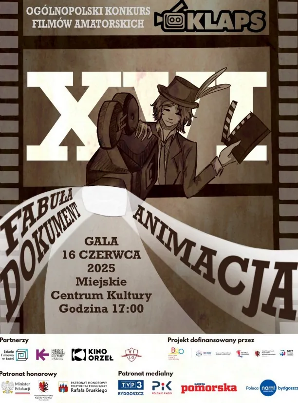 Plakat promujący XIII Ogólnopolski Konkurs Filmów Amatorskich KLAPS. Na grafice postać w cylindrze, w kamerą i klapsem filmowym.