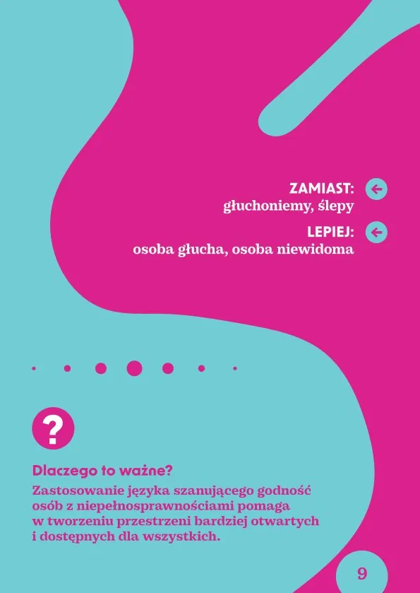 · Zamiast: głuchoniemy, ślepy Lepiej: osoba głucha, osoba niewidomaDlaczego to ważne? Zastosowanie języka szanującego godność osób z niepełnosprawnościami pomaga w tworzeniu przestrzeni bardziej otwartych i dostępnych dla wszystkich.