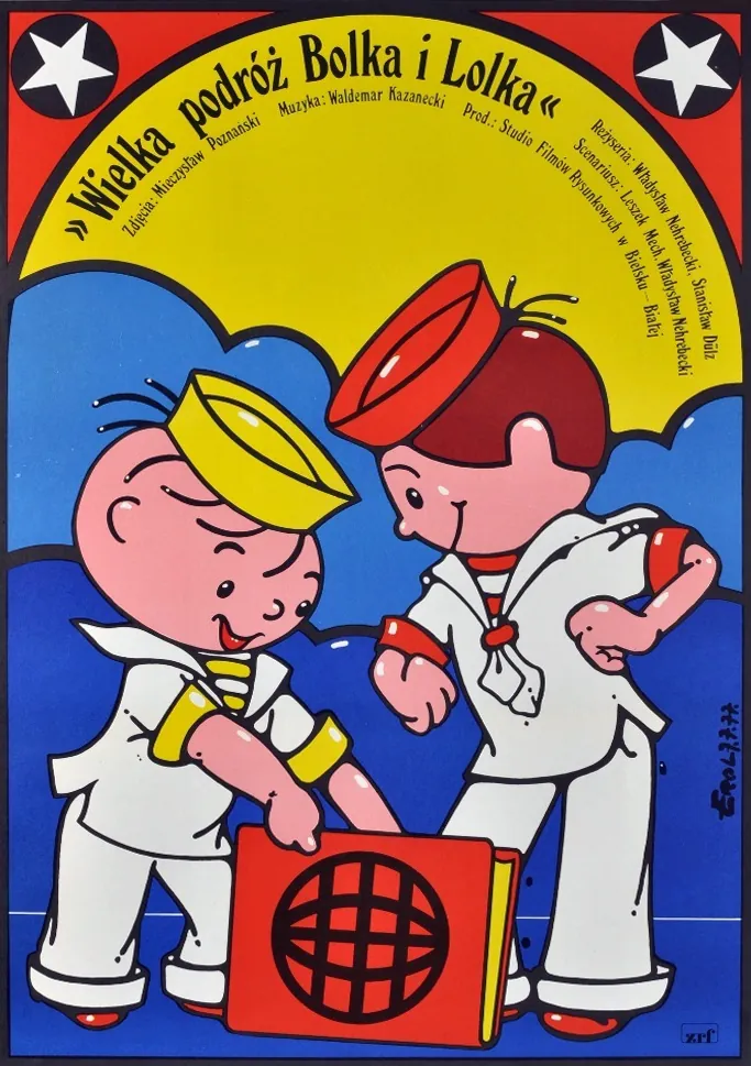 plakat - dwaj chłopcy w strojach marynarzy. kadr z animacji.