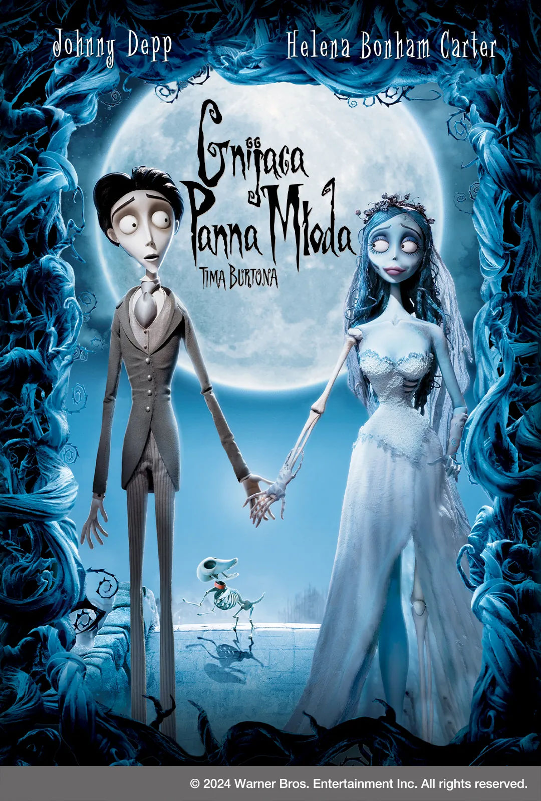 plakat. na te jasnego nocnego nieba, rozświetlonego księżycem, mężczyzna i kobieta - postaci z animacji - trzymają się za ręce. ona w sukni ślubnej, on w garniturze.