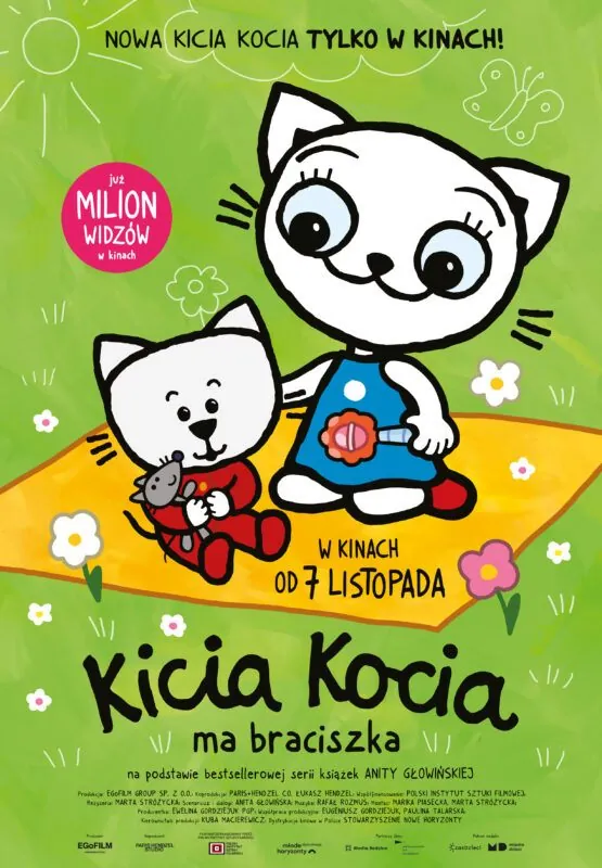 plakat. dwa białe kotki - mały, w czerwonym ubranku, i trochę większy w sukience, siedzą na trawie, na żółtym kocyku.