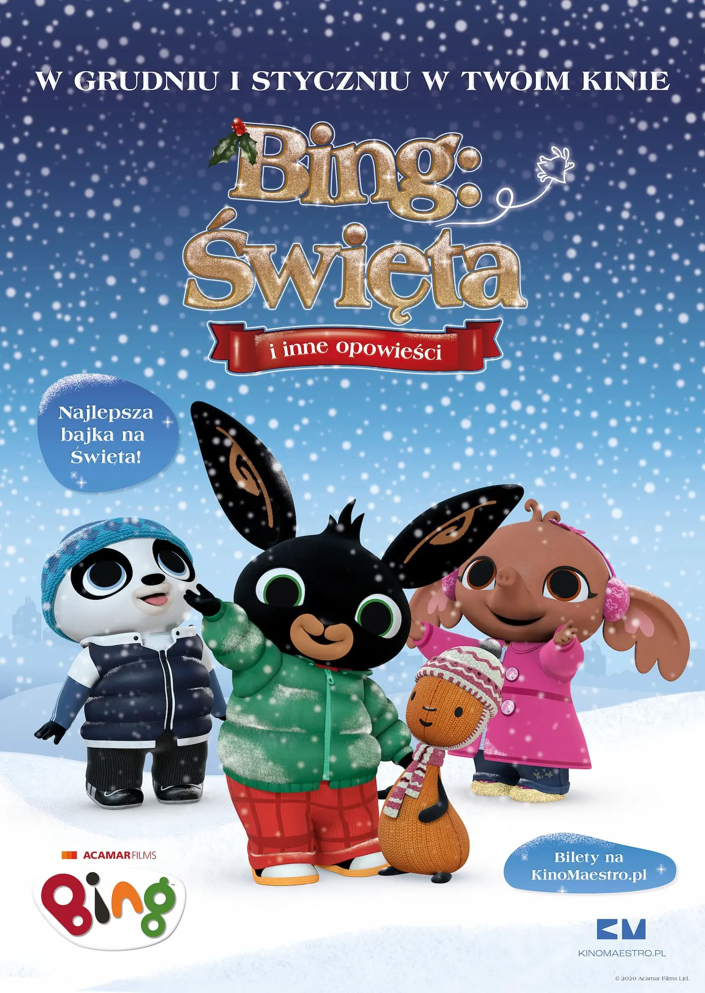 czarny królik w zimowej zielonej kurtce i czerwonych spodniach, za nim inne zwierzaki - przyjaciele, latające na tle nieba płatki śniegu.