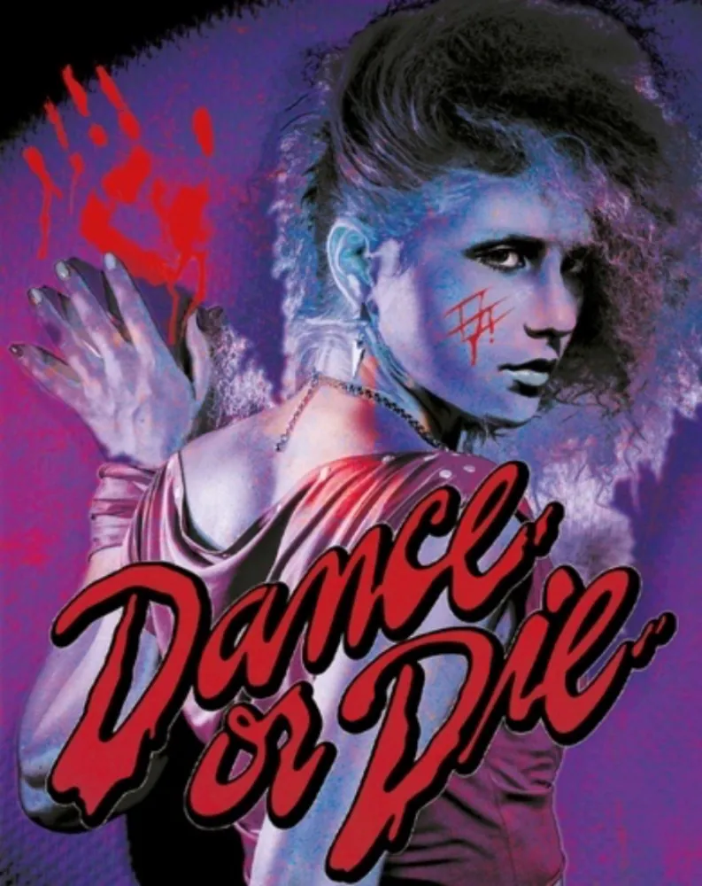 Stylizowany plakat filmowy w neonowych barwach: kobieta w tanecznej pozie, z dramatycznym światłem i czerwonym napisem „Dance or Die”.