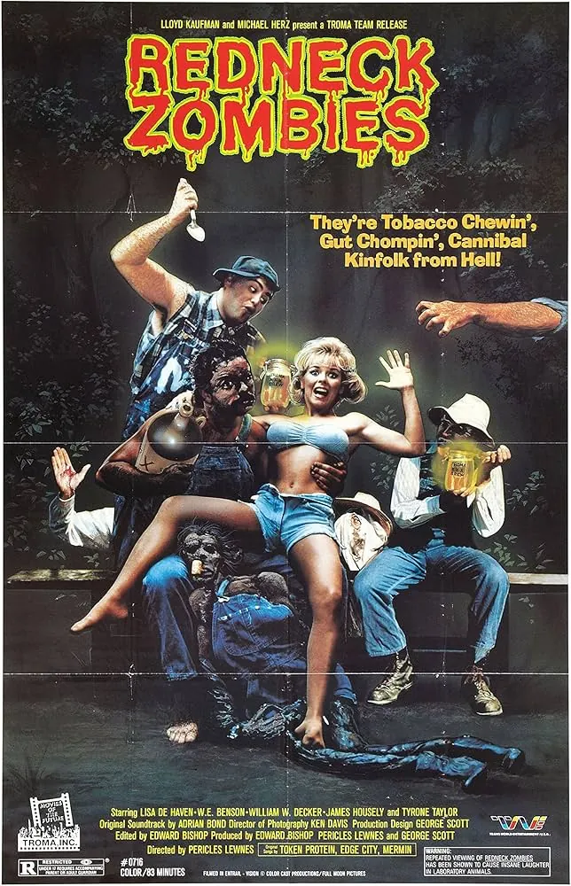 Plakat filmu Redneck Zombies: grupa groteskowych zombie–wieśniaków otacza przerażoną kobietę; styl pulp-horroru z lat 80.