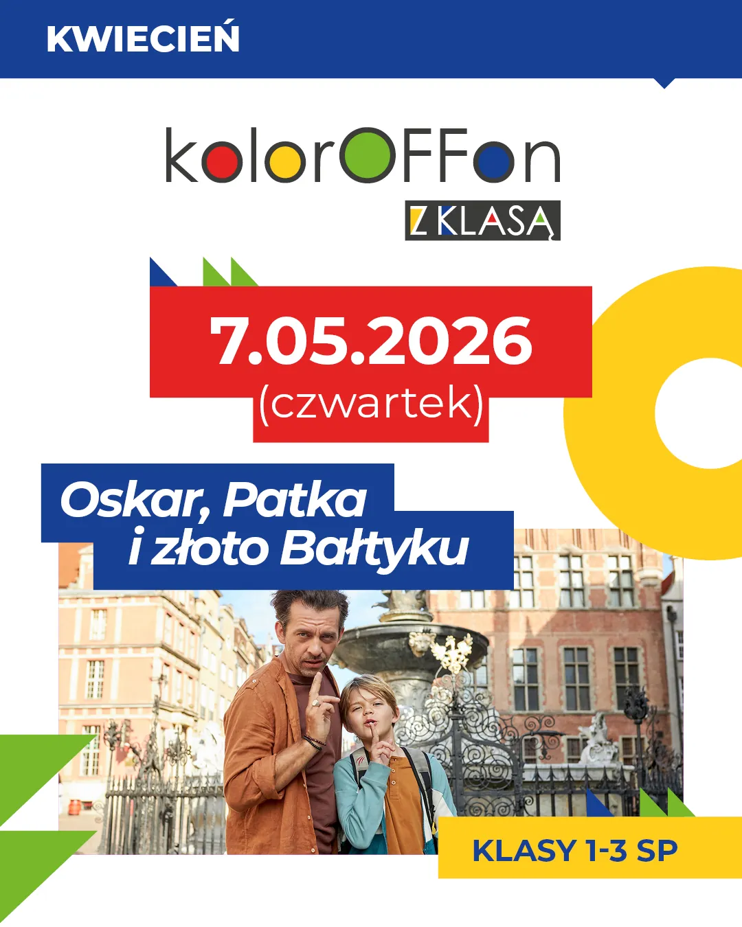 kolorowa grafika z kadrem z filmu: mężczyzna i chłopiec na tle fontanny, przykładają palec do ust w geście uciszenia