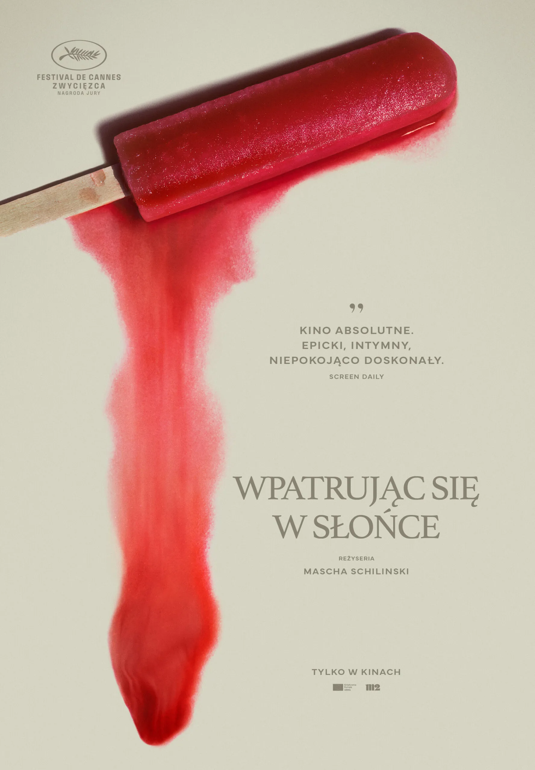 plakat. lody na patyki, czerwone, topią się, tworząc pod sobą kałużę na białym tle