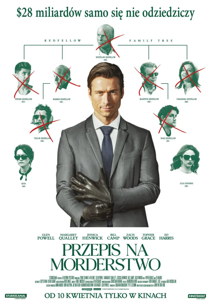 plakat. mężczyzna w szarym garniturze, uśmiechnięty szelmowsko, wokół niego rysunek drzewa genealogicznego, na którym poszczególne postaci są poskreślane