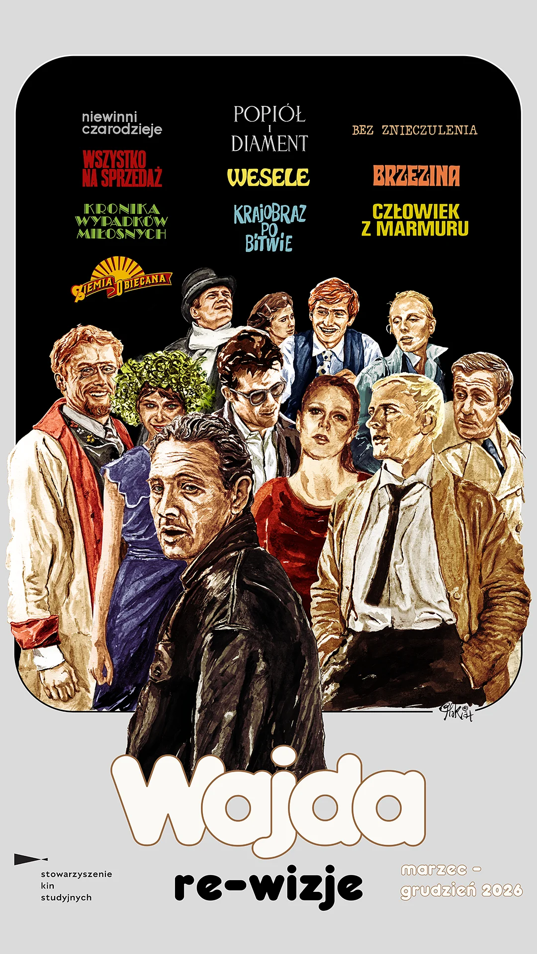 Plakat cyklu filmowego „Wajda – re-wizje”: malarskie portrety bohaterów z filmów Andrzeja Wajdy na czarnym tle; tytuły filmów rozmieszczone nad postaciami; informacja o przeglądzie marzec–grudzień 2026.
