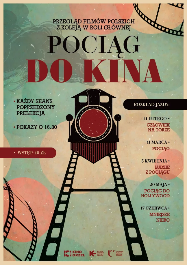 grafika przedstawiająca pociąg - zamiast torów jest taśma filmowa.