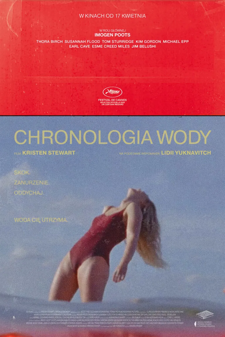 plakat. blondynka w czerwonym jednoczęściowym stroju kąpielowym, w wodzie po kolana, odchylona w tył.