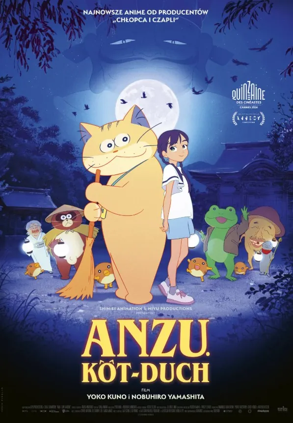 plakat z kadrem z filmu animowanego. dziewczynka z warkoczami i duży kot z miotłą otoczeni przez mniejsze zwierzęta.