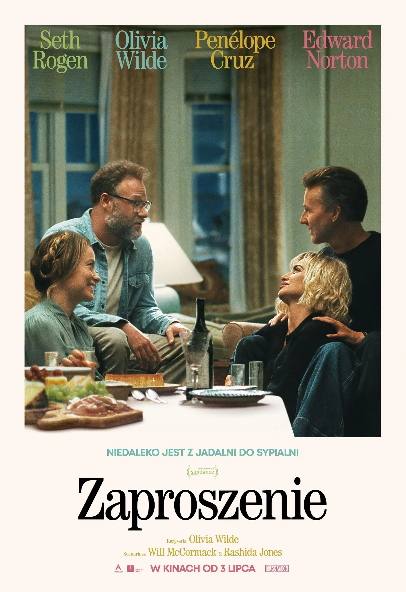 plakat. przy stole rozmawiają dwie pary - dojrzały mężczyzna w okularach, z brodą, kobieta z warkoczem oplatającym głowę, młodsi blondynka i mężczyzna trzymający jej rękę na ramieniu.