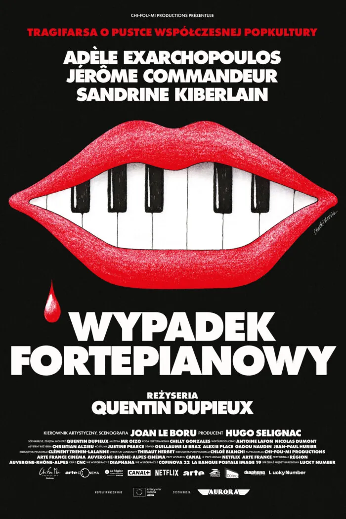 plakat. na czarnym tle uśmiech, klawiatura fortepianu zamiast zębów