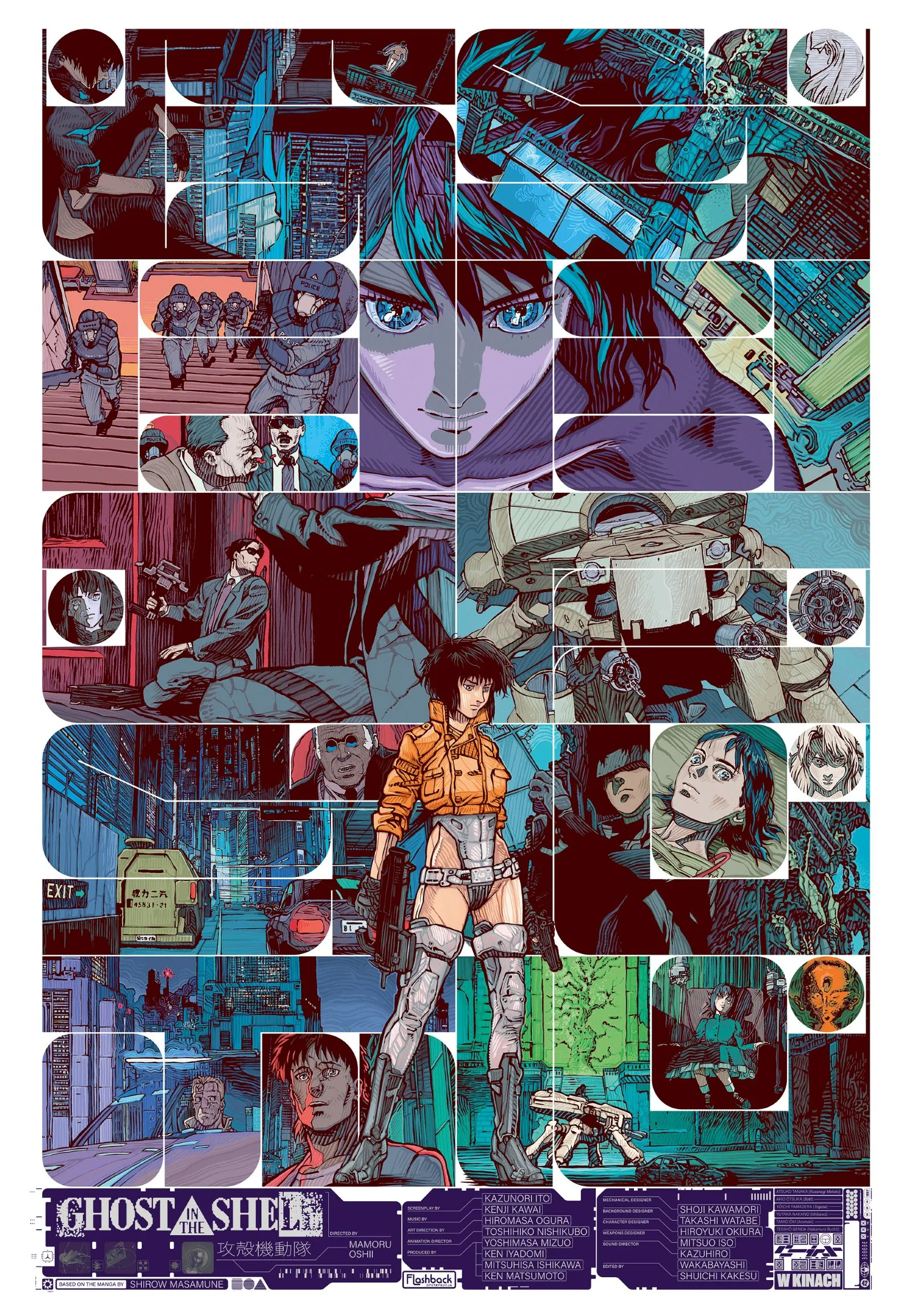 Plakat ilustracyjny filmu „Ghost in the Shell”. W centrum stoi kobieta z cybernetycznymi nogami i bronią w dłoniach, otoczona komiksowymi kadrami przedstawiającymi futurystyczne miasto, roboty, uzbrojonych funkcjonariuszy i zbliżenia twarzy w odcieniach błękitu, fioletu i czerwieni.